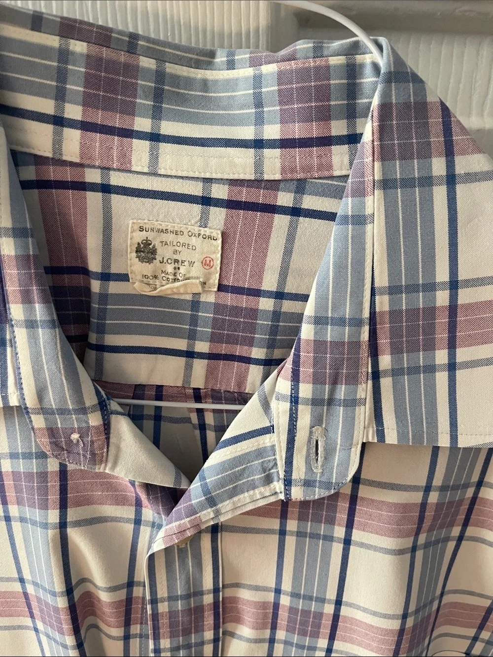 J. Crew Men's White Button-Down Plaid Shirt with Blue & Pink Stripes